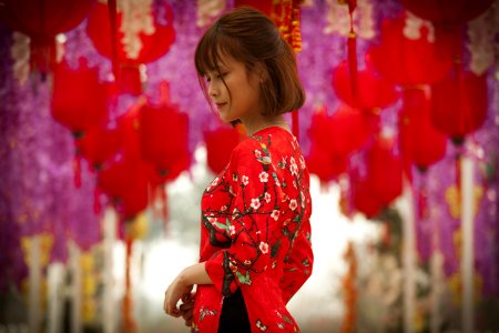 Woman In Red And White Floral Cheonsam Smiling