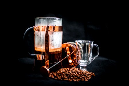 Coffee Beans Beside Coffee Press And Glass Cup
