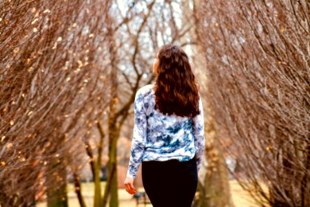 Woman In Blue And White Long-sleeved Shirt Walking Along Leafless Tree photo