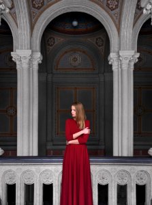 Woman In Red Long-sleeve Dress photo