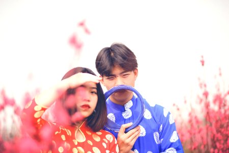 Blue And Red Long-sleeved Tops With White Polka Dots photo