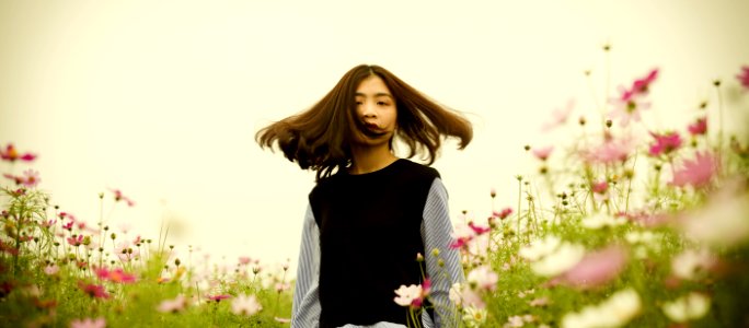 Girl On White And Pink Cosmos Flower Field Photography