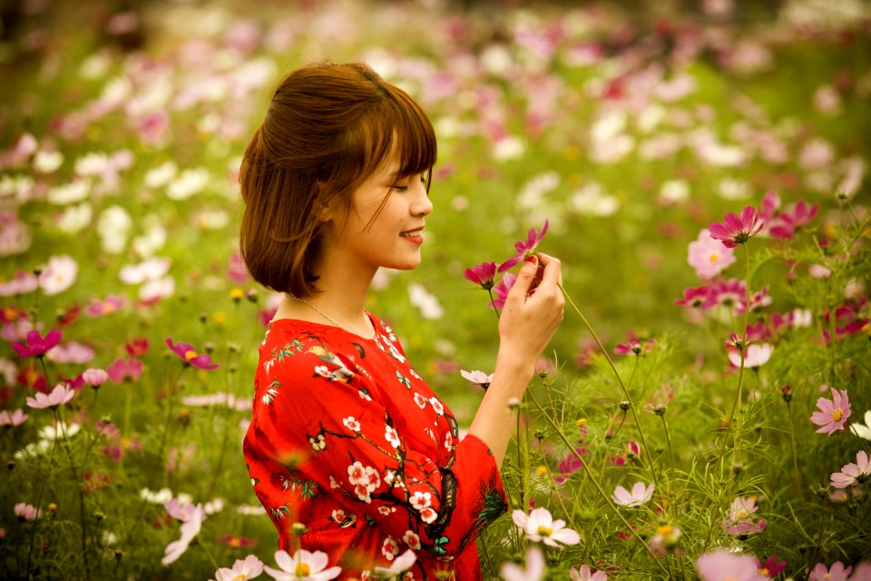 Woman Wearing Red And White Floral Crew-neck Quarter-sleeved Top Picking Flowers
