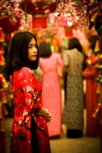 Woman In Red And White Floral Slit Dress Standing In Red Floral Arch photo