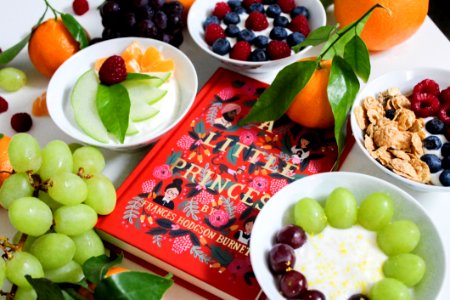 Fruits On Plates Beside Red Book photo