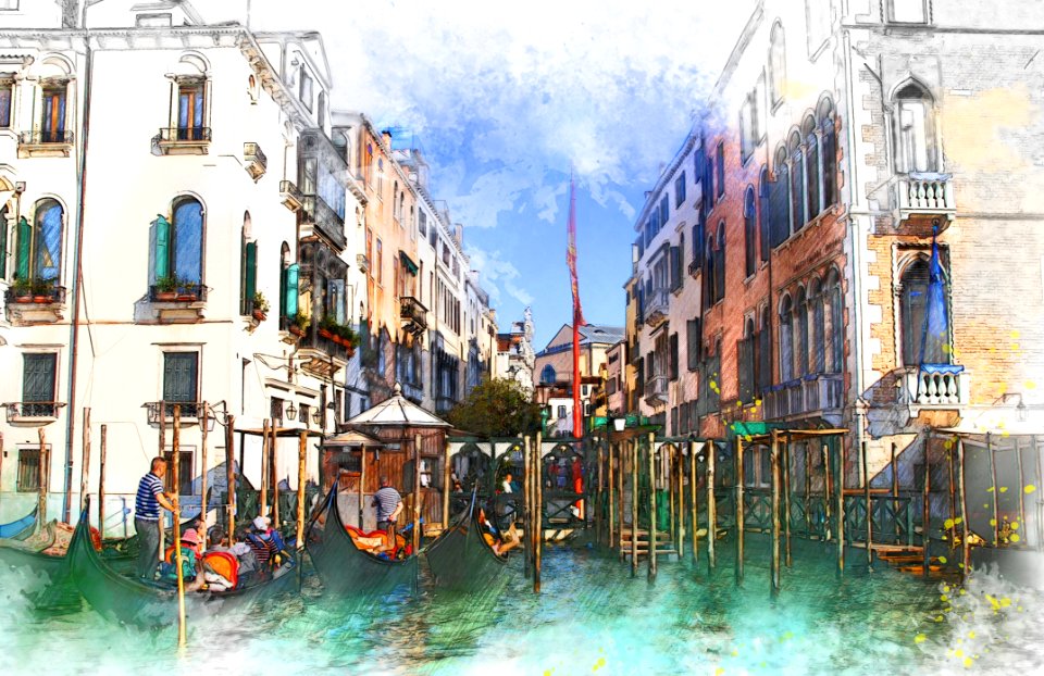 Waterway Water Gondola Watercolor Paint
