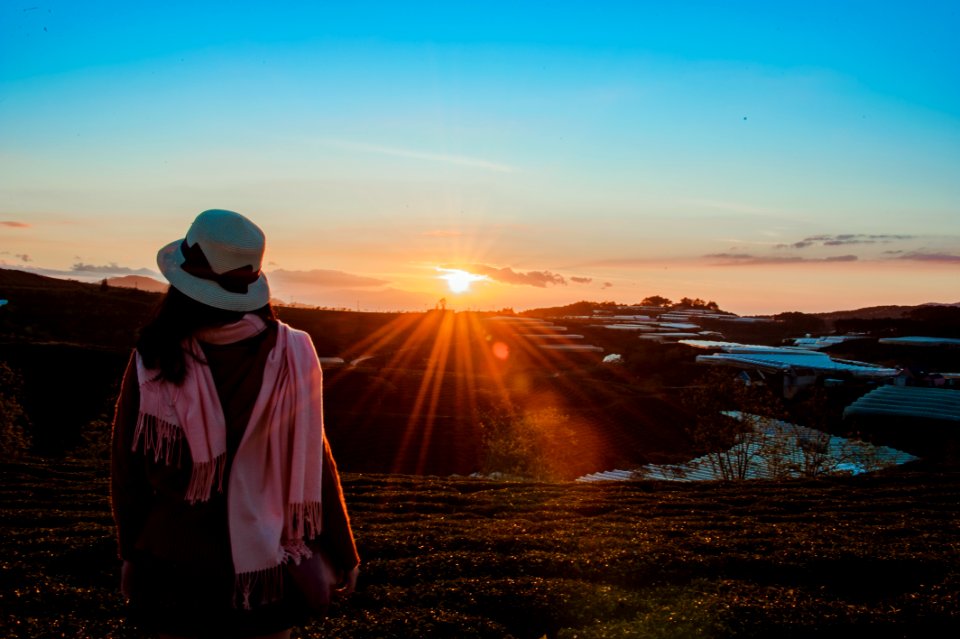 Person Wearing White Fedora Hat And Pink Scarf During Golden Hour