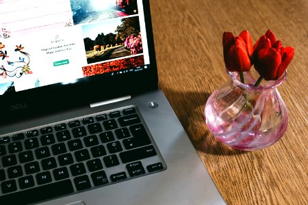 Black Dell Laptop Beside The Pink Glass Vase photo