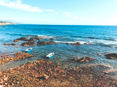 Two Blue Wooden Boats On Ocean Portrait