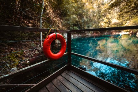 Red Life Buoy Hanging On Brown Wooden Balcony photo