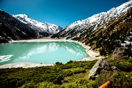 Blue Lake Surrounded By White Snowcapped Mountain photo