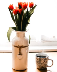 Red Tulips Flowers In White Ceramic Vase Beside Cup Of Coffee