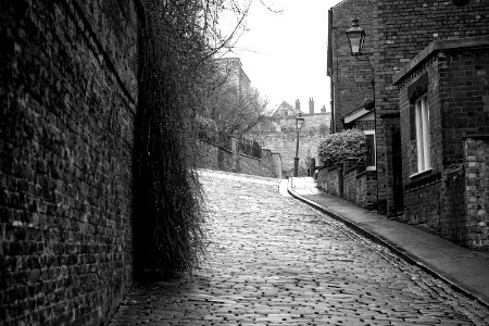 Greyscale Photography Of Roadway Between Brick Wall And Houses photo