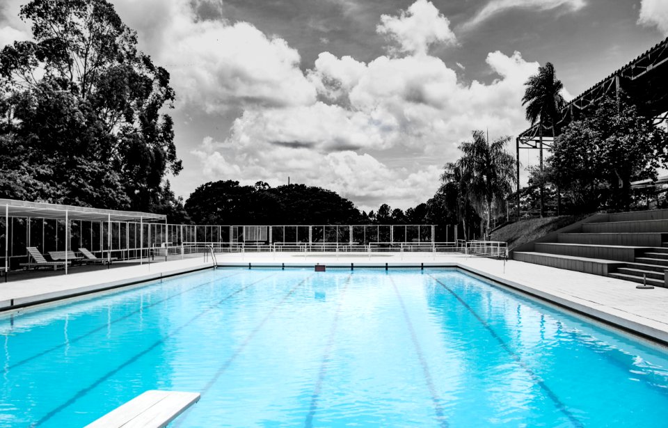 White Concrete Framed Swimming Pool Near Benches With Gate Surrounded By Trees
