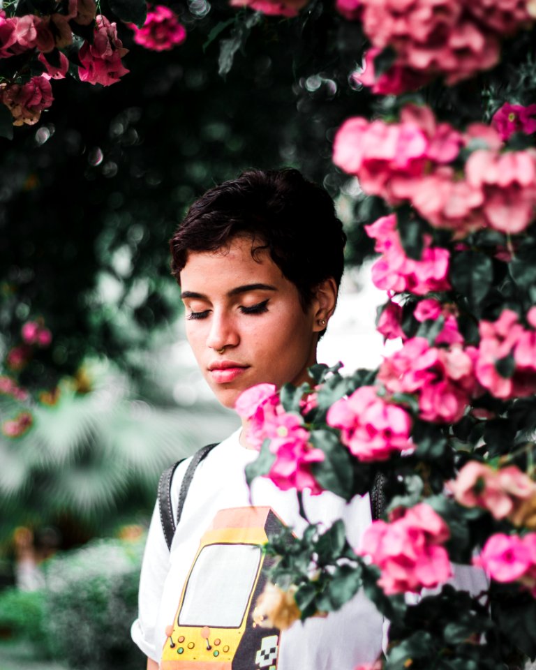 Woman Standing Beside Pink Petaled Flowers
