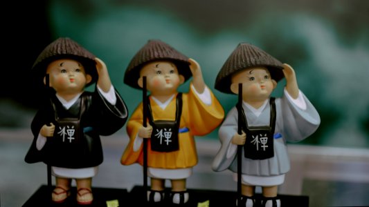 Three Children In Brown Traditional Hats Toy Miniatures