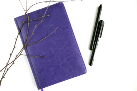 Purple Leather Notebook Black Pen And Brown Branches