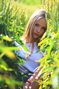 Selective Focus Photo Of Woman Wearing White Shirt Between Green Wheat photo