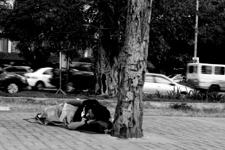 Grayscale Photo Of Man Lying Beside Tree photo