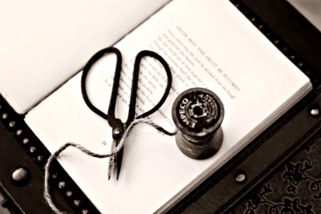 Black Scissors Near Thread Reel On White Book Page photo