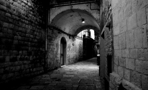 Grayscale Photo Of Brick Walled Alley photo