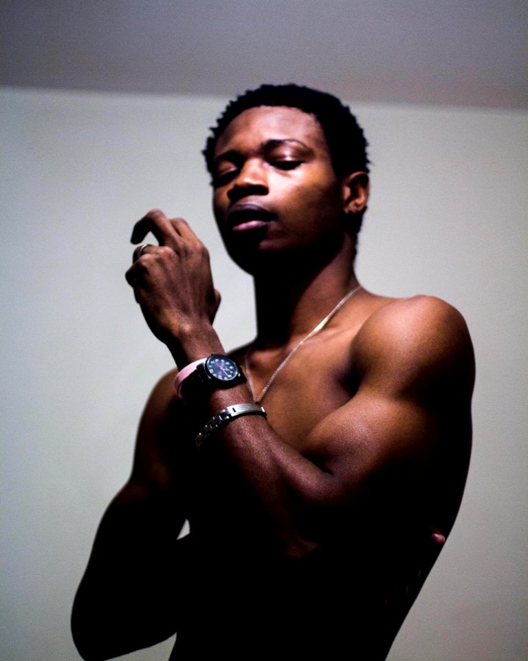 Naked Man Wearing Black Analog Watch
