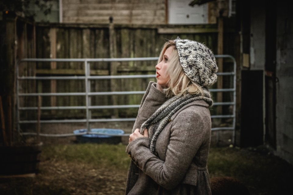 Woman Wearing Gray Hoodie And Knit Cap