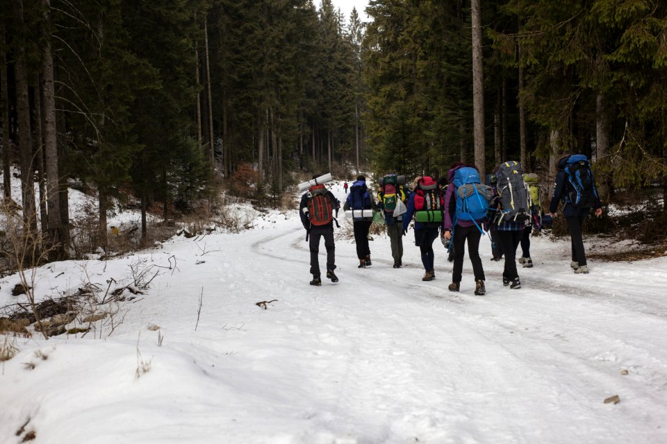 Mountaineers Walking On Snow