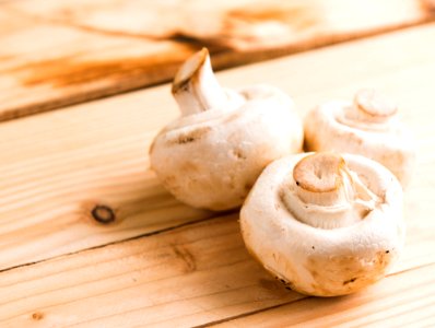 Three White Mushrooms On Beige Wooden Table photo