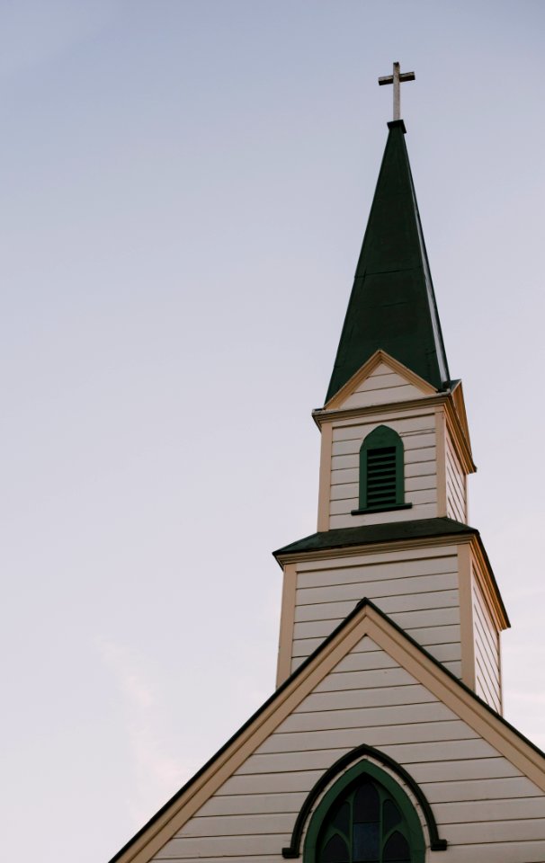 Architectural Photography Of White And Green Church Bell Tower Under Clear Sky