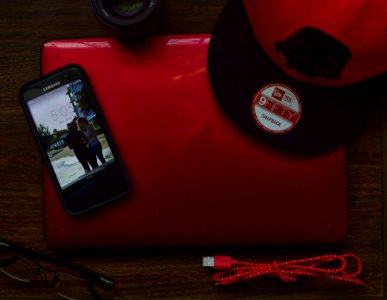 Red And Black New Era 9fifty Snapback Cap And Black Samsung Galaxy Android Smartphone