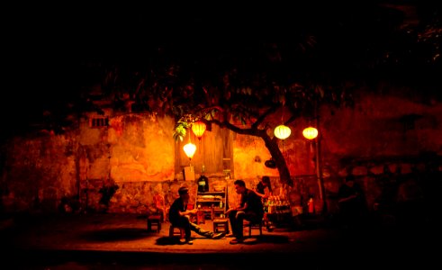 Two People Sitting Underneath Green Tree During Night Time photo