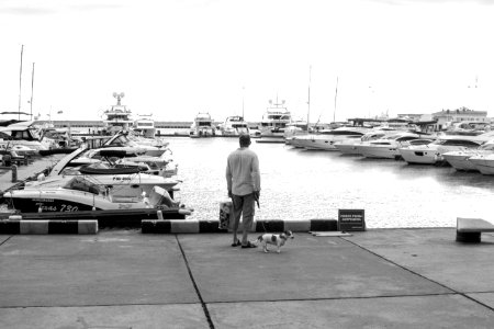 Man Standing On A Concrete Dock Near Body Of Water photo