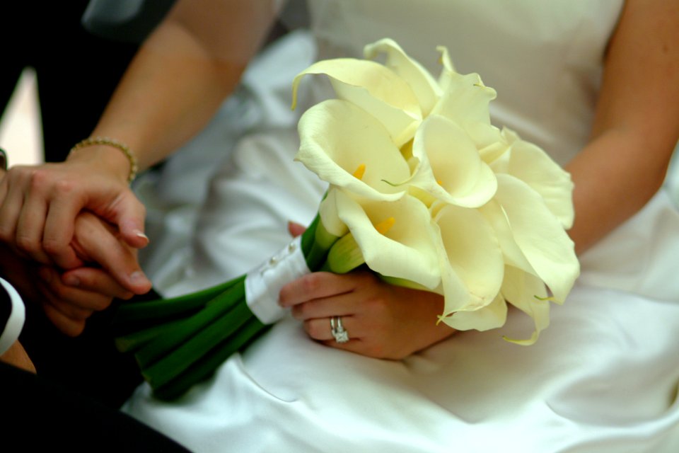 Woman In White Wedding Gown Holding White Petaled Flowers photo