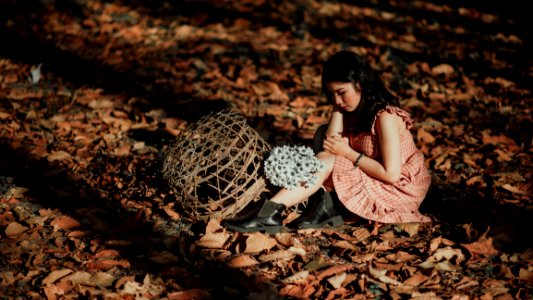 Woman Wearing Red Dress Sitting On Brown Ground With Woven Brown Basket photo