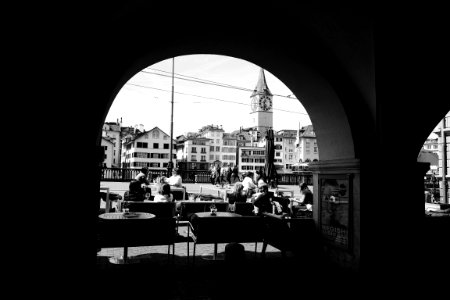 Grayscale Photo Of People In A Cafe photo