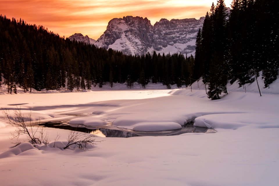 Landscape Photography Of Body Of Water Covered With Snow And Surrounded With Trees And Mountain