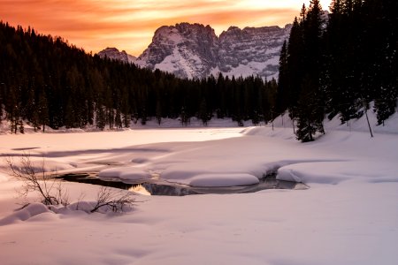 Landscape Photography Of Body Of Water Covered With Snow And Surrounded With Trees And Mountain photo