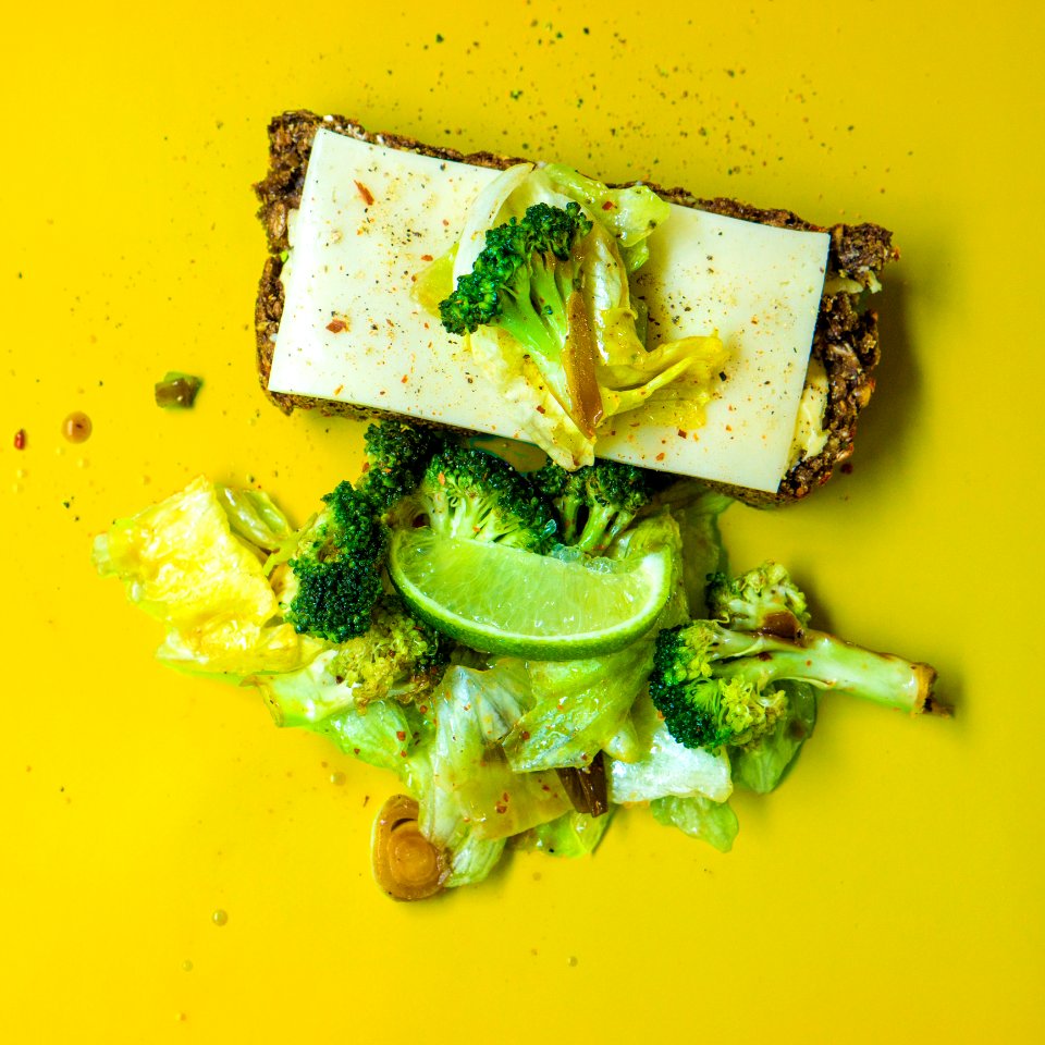 Photo Of Green Broccoli White Cheese And Green Cabbage On Yellow Surface