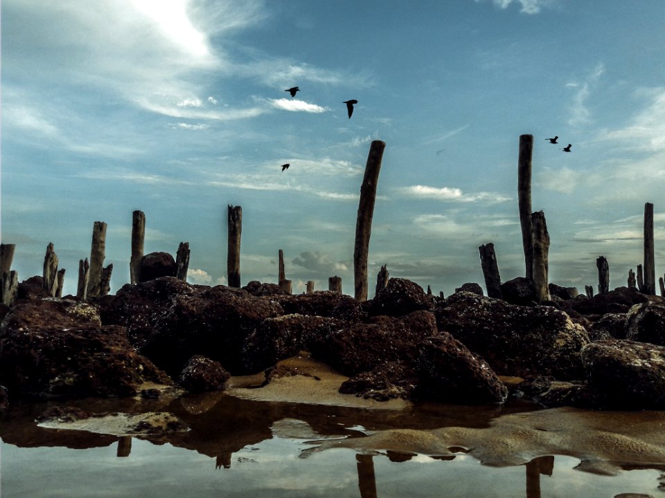 Red Corral Reef Under Cloudy Blue Sky
