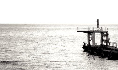 Grayscale Photo Of Sea Diving Port