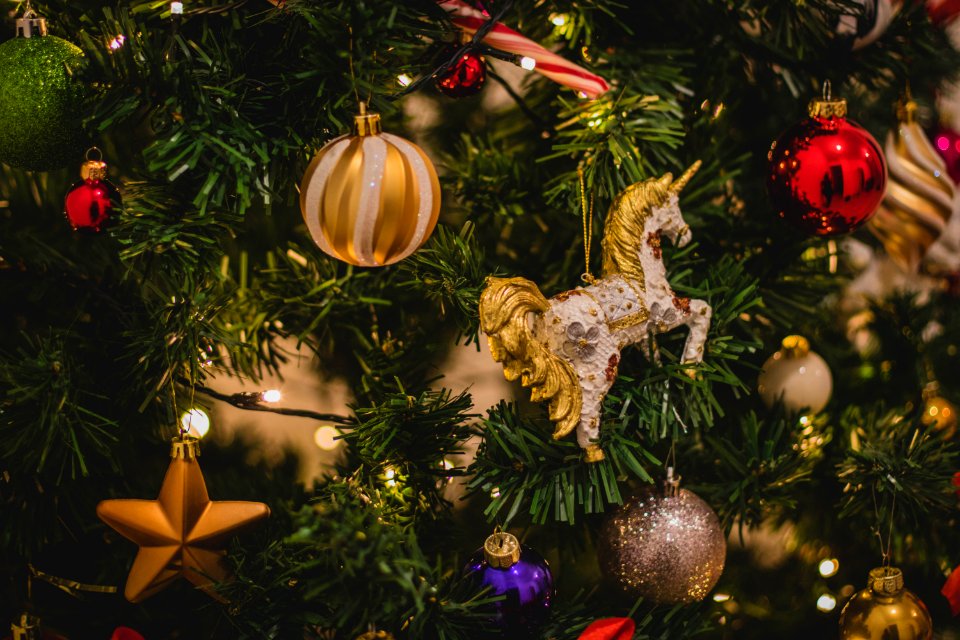 Yellow Red And Green Christmas Tree With Baubles