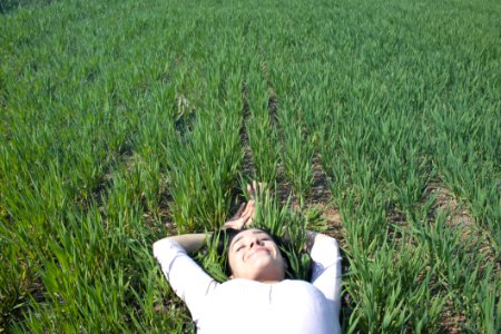 Woman Laying On Field Of Green Grass photo