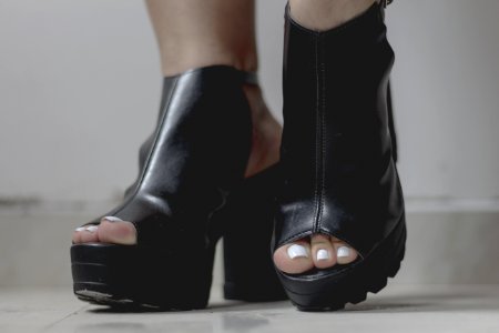 Person Wearing Black Platform Chunky Heels photo