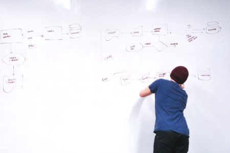 Person In Blue Shirt Wearing Brown Beanie Writing On White Dry Erase Board photo