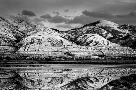Grayscale Photo Of A Landscape View Of Mountains photo