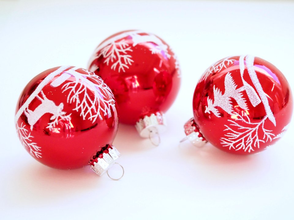 Three White-and-red Christmas Tree Printed Baubles