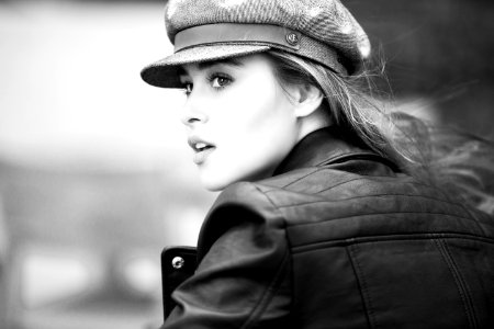 Grayscale Photo Of Woman In Black Leather Jacket photo