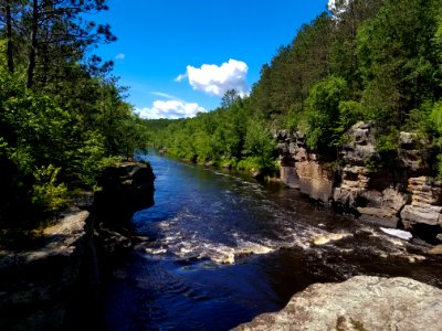 Green Leaf Trees Along River Under White Clouds And Blue Sky photo