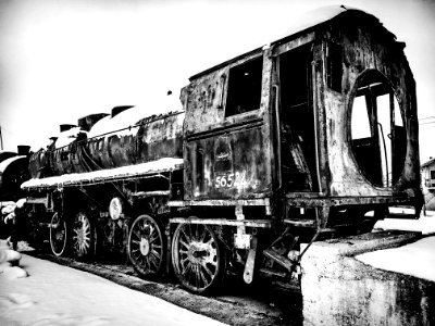 Grayscale Photo Of Train photo